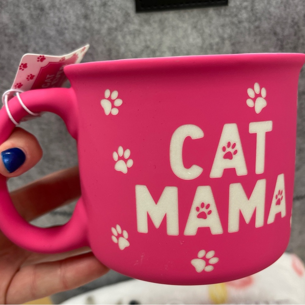 Cat Mama Paw Prints Hot Pink Laser Cut Soft Touch Ceramic Coffee Mug NWT